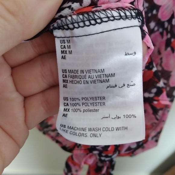 Bar III Pink & Black Floral V Neck Puff Sleeve Sheer Tie Waist Blouse Medium - Picture 10 of 10